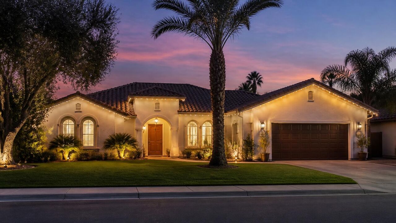 Permanent exterior lights running a warm white everyday scene on a Tracy stucco home